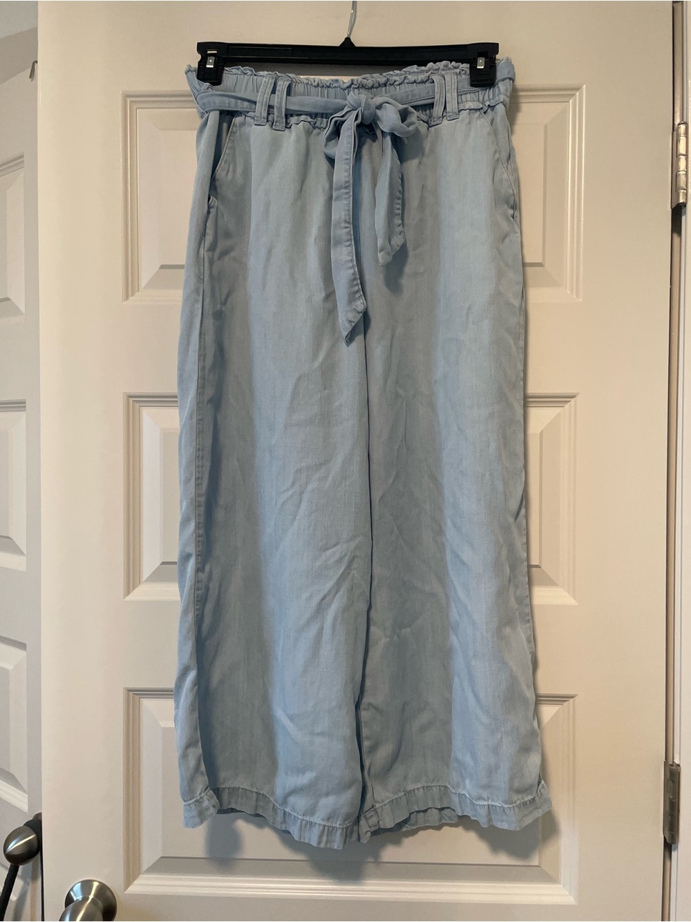 Light Blue Denim Paperbag Waist Wide-Leg Pants